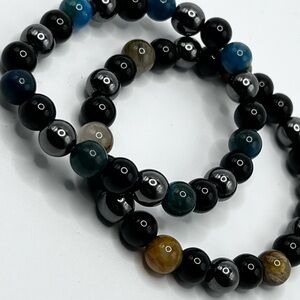 Black, Tan, and Teal Blue Glass with Hematite Beaded Bracelet Set NEW Stretch